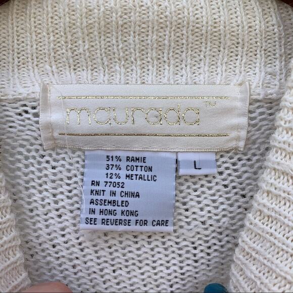 Vintage 90s Maurada white gold metallic knit tunic sweater gold bead snowflake - Picture 3 of 9